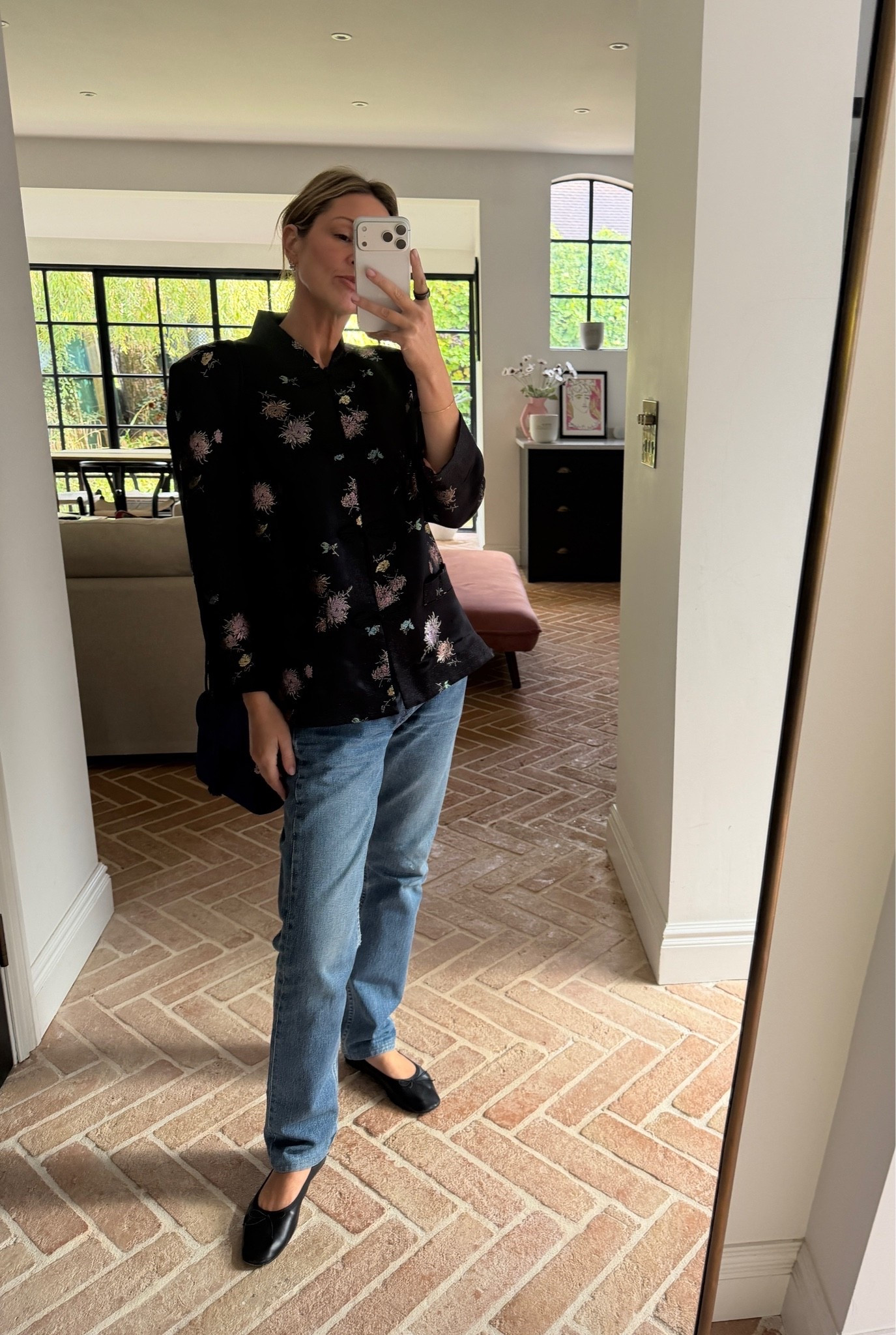 Rixo does it best 🖤

floral embroidered jacket, satin brocade top, frog button detail, statement trim top, black floral print, vintage inspired jacket, light wash jeans, statement blouse, going out top, evening outfit, romantic edgy style, elevated basics, quiet luxury, autumn winter style, ltkstyletip, ltkseasonal, ltkfindsunder100, ltkitbag
