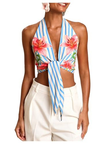 Floerns Women's Summer Floral Halter Tops Tie Front Backless Beach Vacation Crop Tops Blue and White Medium | Amazon (US)