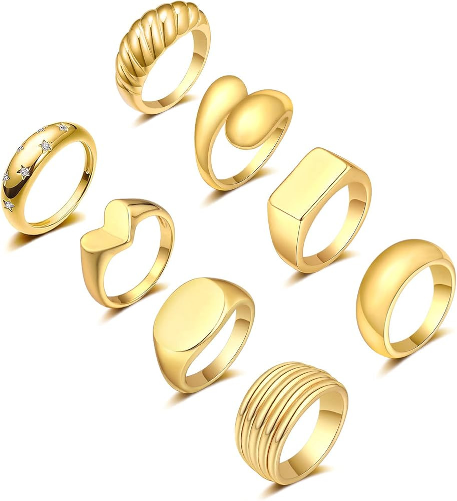 Honsny 8PCS Gold Dome Chunky Rings for Women 18K Gold Plated Twisted Braided Ring Chunky Signet R... | Amazon (US)