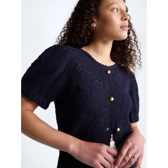 Free Assembly Women's and Women's Plus Pineapple Cardigan Sweater with Short Puff Sleeves, Lightw... | Walmart (US)