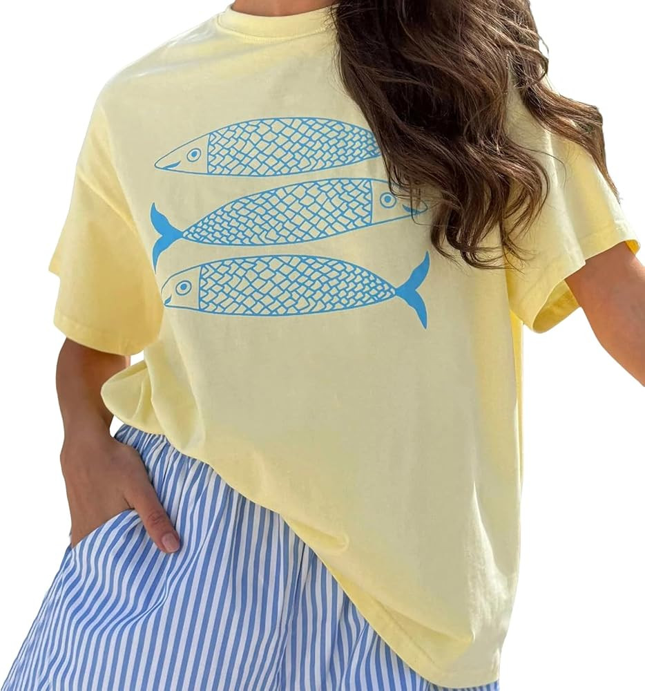 Y2k Women Graphic Oversized T-Shirts Lobster Coast Shell Sardine Print Loose T-Shirt Vintage Aest... | Amazon (US)