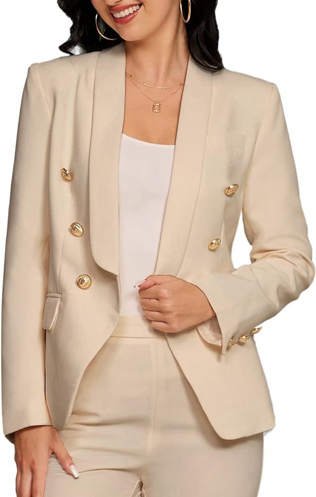 JASAMBAC Women's Double Breasted Blazers Lapel Collar Open Front Long Sleeve Business Work Casual... | Amazon (US)