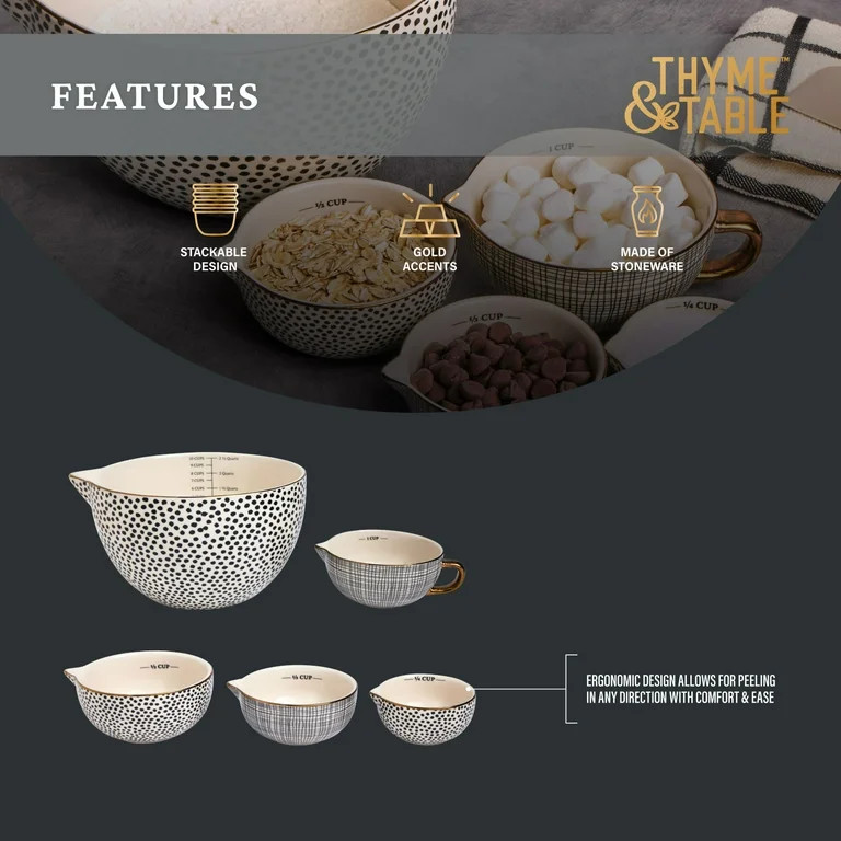 Thyme & Table, 5-Piece Ceramic Mixing Bowl and Measuring Bowl Set, Dot Pattern | Walmart (US)