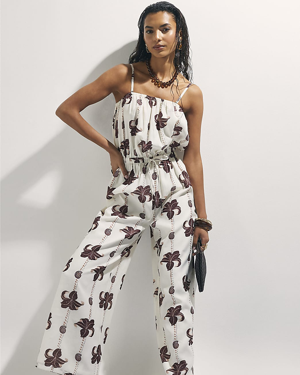 Cream Palm Print Jumpsuit | River Island UK & IE