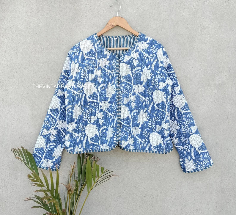 Cotton Quilted Jacket Women Wear Front Open Kimono Stripe piping HandMade Vintage Quilted Jacket ... | Etsy (US)