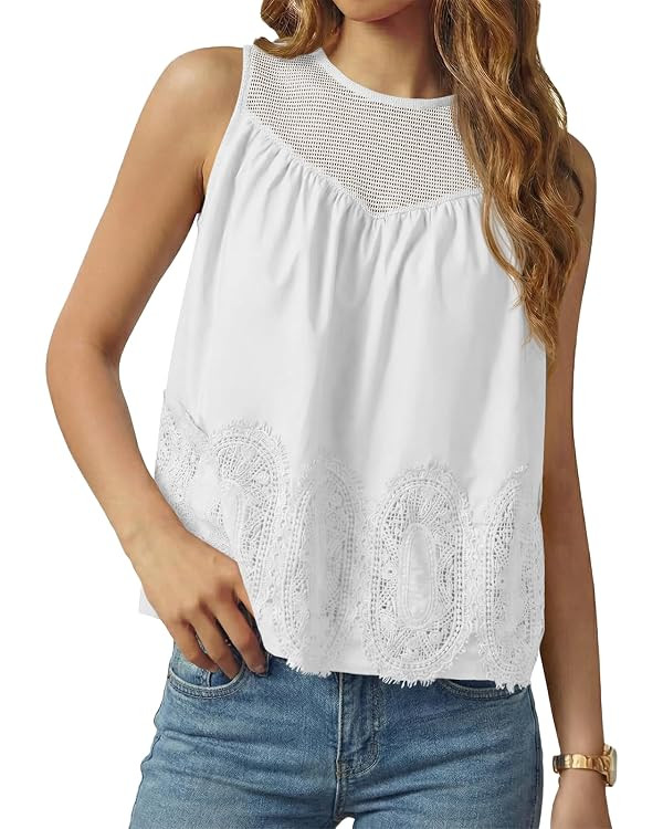 Tankaneo Womens Lace Tank Tops Summer Casual Mesh Loose Fit Sleeveless Blouses Pleated Crew Neck ... | Amazon (US)