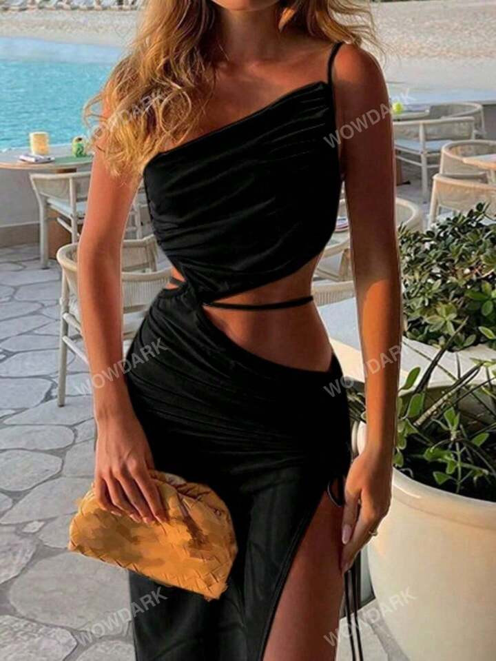 CA$29.59            Solid Color Asymmetrical Neck Ruched Hollow-Out High Slit Sleeveless Sexy Dre... | SHEIN