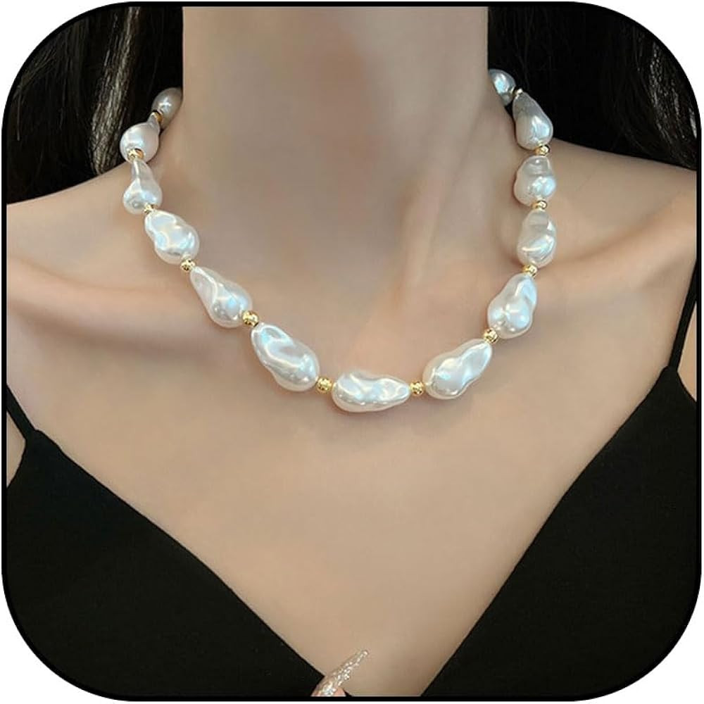 Pearl Necklace Chunky Pearl Necklaces for Women Baroque Pearl Choker Necklace Irregular Pearl Nec... | Amazon (US)