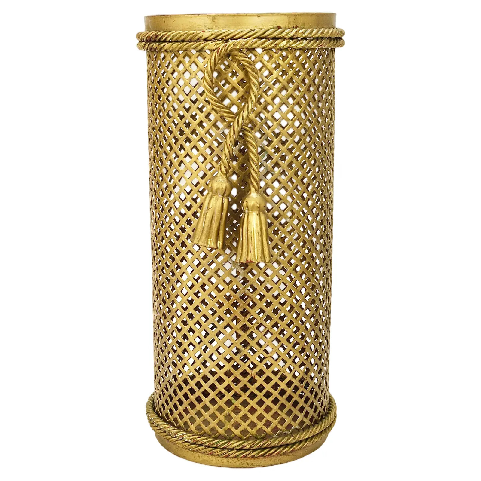 Hollywood Regency Gilt Metal Rope and Tassel Umbrella Stand, 1950 | Chairish