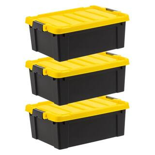 12 gal. Heavy-Duty Stackable Storage Tote, Black with Yellow Lid (Set of 3) | The Home Depot