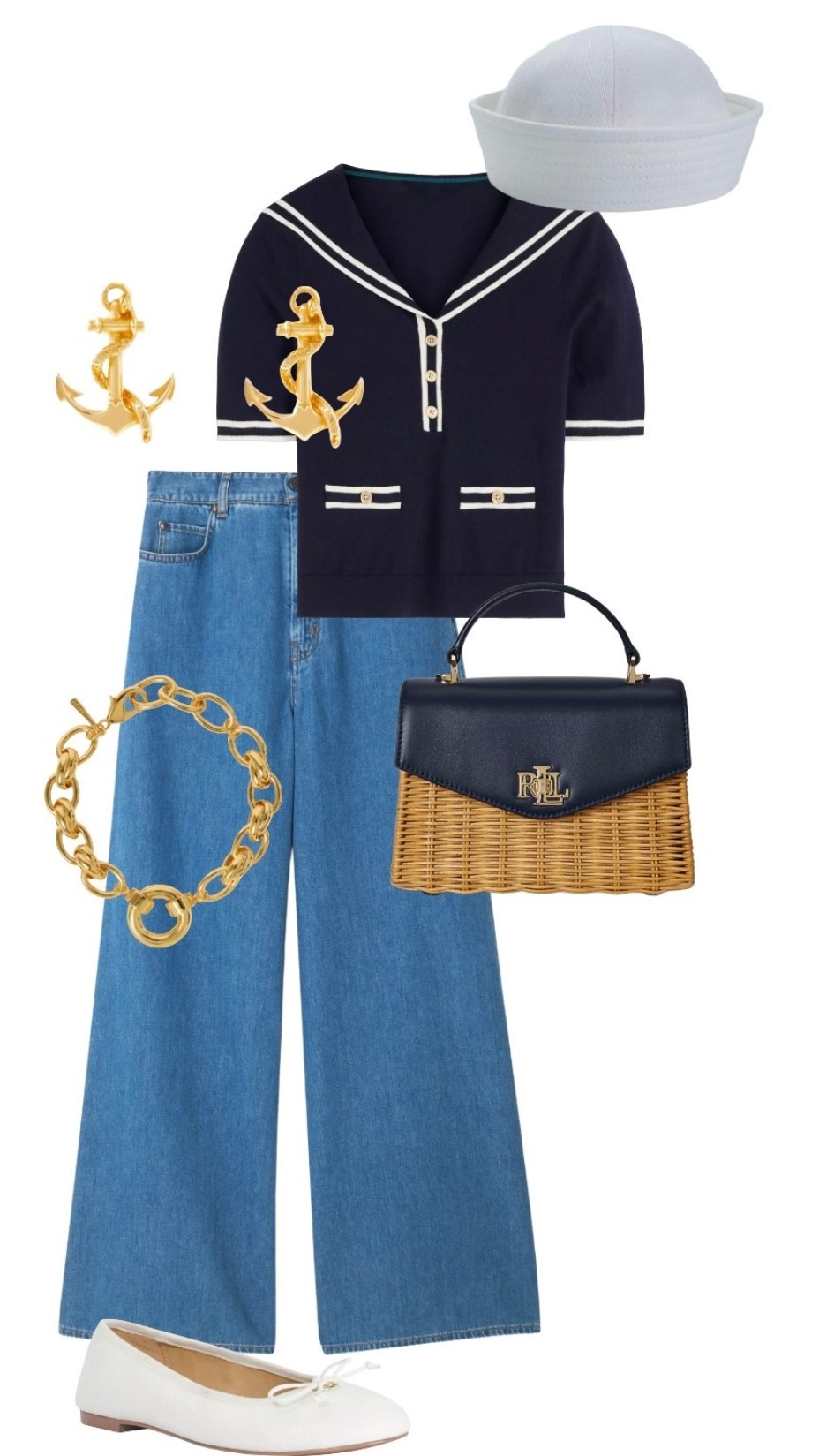 The best kind of Mondays Blues! Nautical fashion has never been bigger - partner super wide leg jeans with a nautical styled top and cute accessories!

Navy Sailor Short Sleeve Knit Top - Boden

Wide Leg Jeans - Weekend by Maxmara 

Rattan & Navy Leather Farrah Bag - Ralph Lauren

White Ballerina Flats - Dune

Sailor Hat - Etsy

Anchor Earrings - Wolf & Badger

Gold Chain Bracelet - on sale at Jigsaw




#LTKjeans #LTKspring #LTKluxury