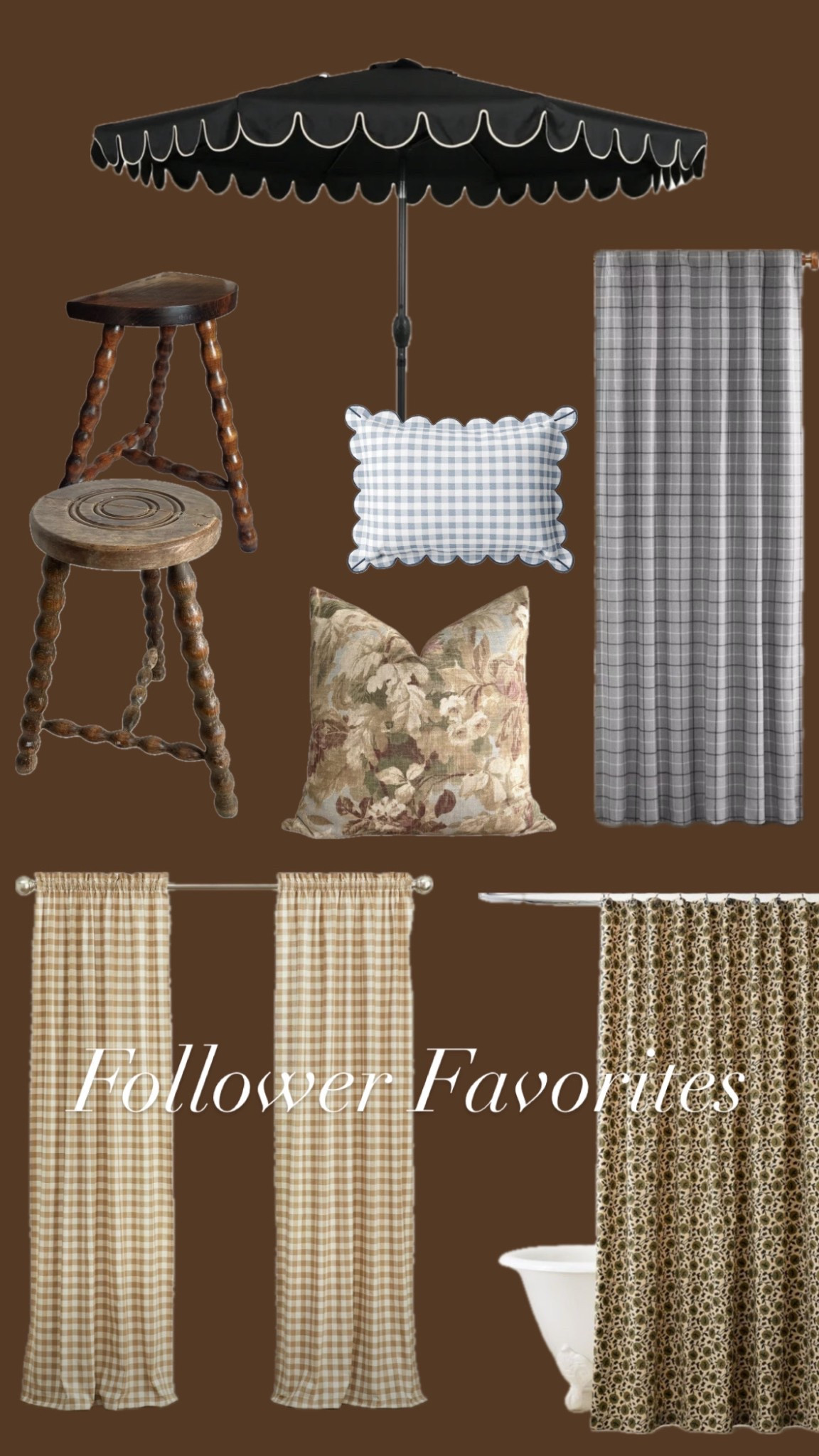 Follower favorites! Bobbin milking stool, tapestry style pillow cover, patterned curtains, plaid curtains, gingham curtains, scalloped outdoor umbrella, flower block shower curtain 

#LTKHome