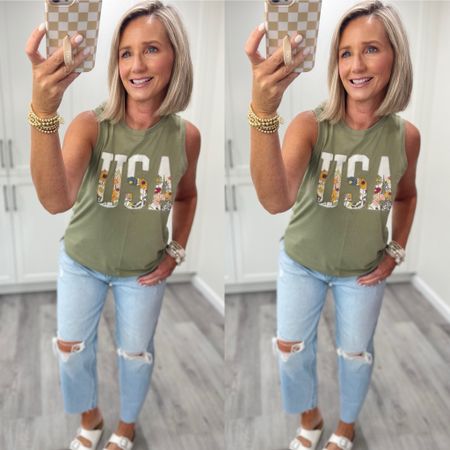 The search is over!!! Found the perfect lightwash jeans!! 🤩 And I’m stoked to wear this 🇺🇸 tee ASAP! 

Tank and sandals TTS, I sized up in the jeans!! 

#LTKOver40 #LTKFindsUnder100 #LTKMidsize