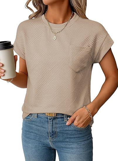 EVALESS Womens Summer Tops Crewneck Cap Sleeve Dressy Casual Business Textured Solid Loose Basic ... | Amazon (US)