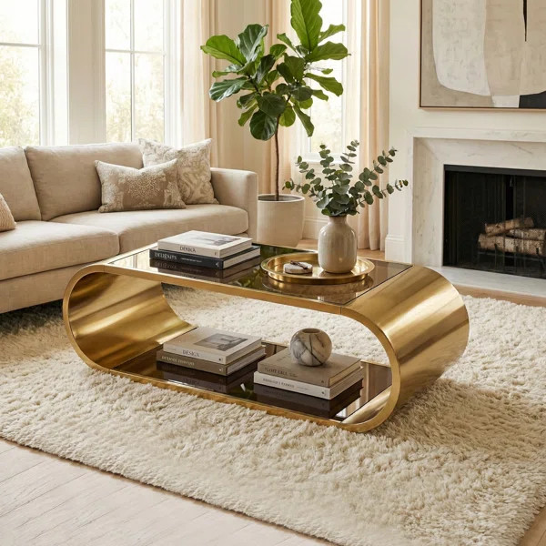 57" Aura Modern Oval Coffee Table with Gold Metal Frame and 2-tier Tempered Glass Top, For Living... | Wayfair North America