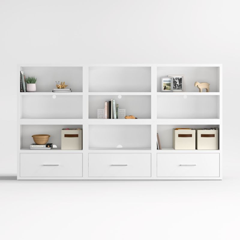Ever Simple Set of 3 Modular White Wood Kids Open Bookcases with Drawers + Reviews | Crate & Kids | Crate & Barrel