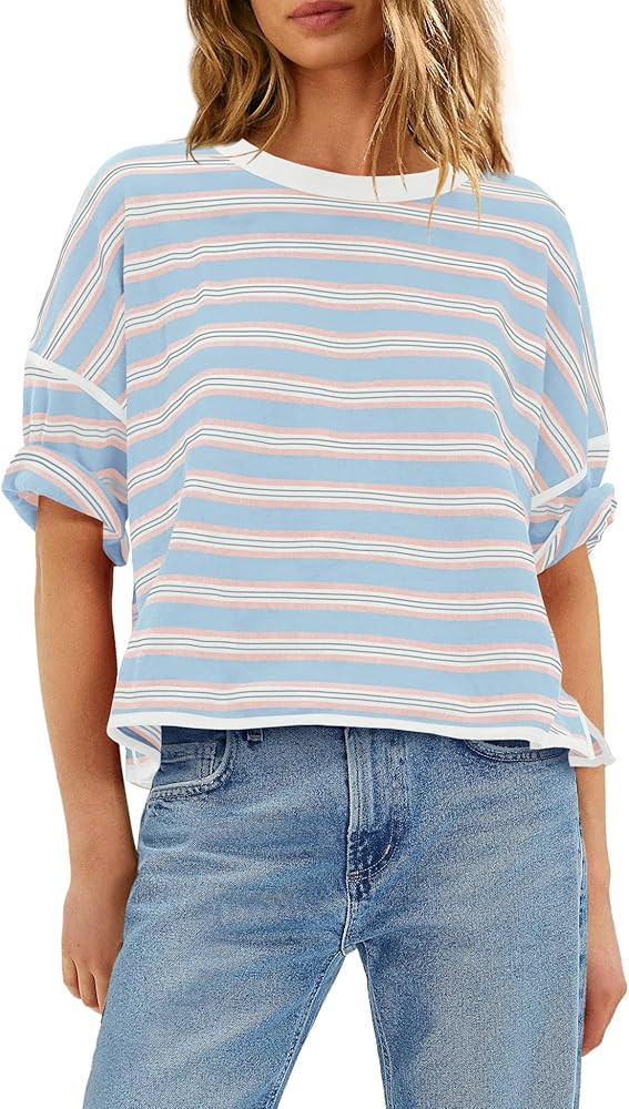 Panadila Womens Striped Shirt Short Sleeve Tops Summer Casual Oversized Tshirts Crew Neck Boxy Te... | Amazon (US)