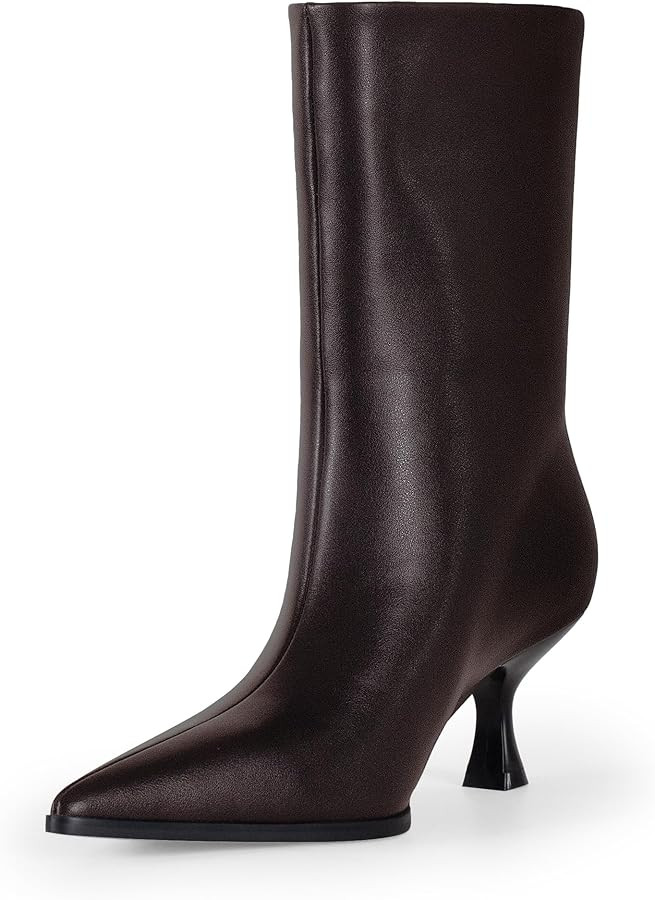 Womens Kitten Heel Boots, Pointed Toe Stiletto Faux Leather Mid Calf Ankle Booties for Women, Ele... | Amazon (US)