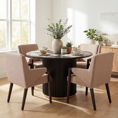 Christopher Knight Home Arvind Modern 5 Piece Rubberwood Linen Upholstered Dining Set with Round Table, Light Brown/Black | Target