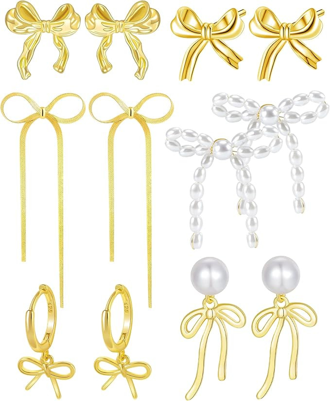 6 Pairs Gold Bow Earrings Set with Pearls - Stylish Ribbon Stud Earrings for Women Bow Jewelry Co... | Amazon (US)