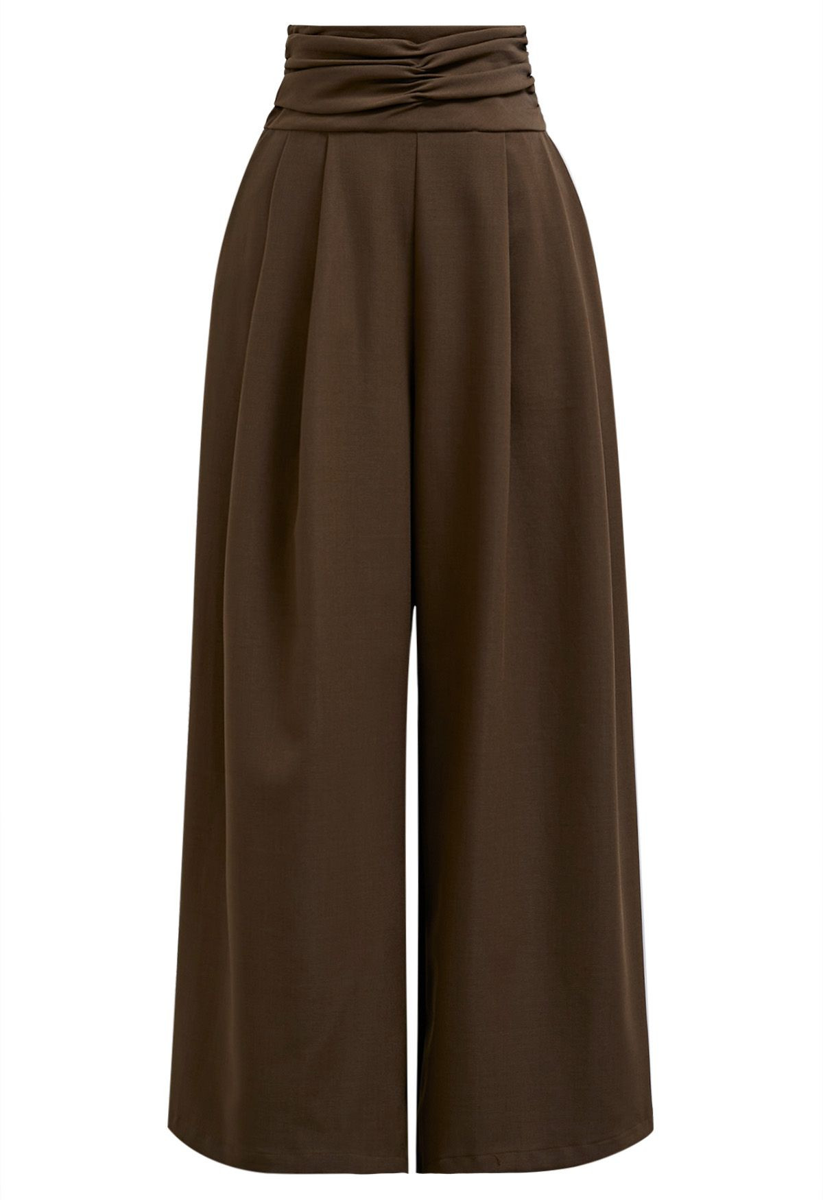 Ruched High Waist Pleated Wide-Leg Pants in Brown | Chicwish