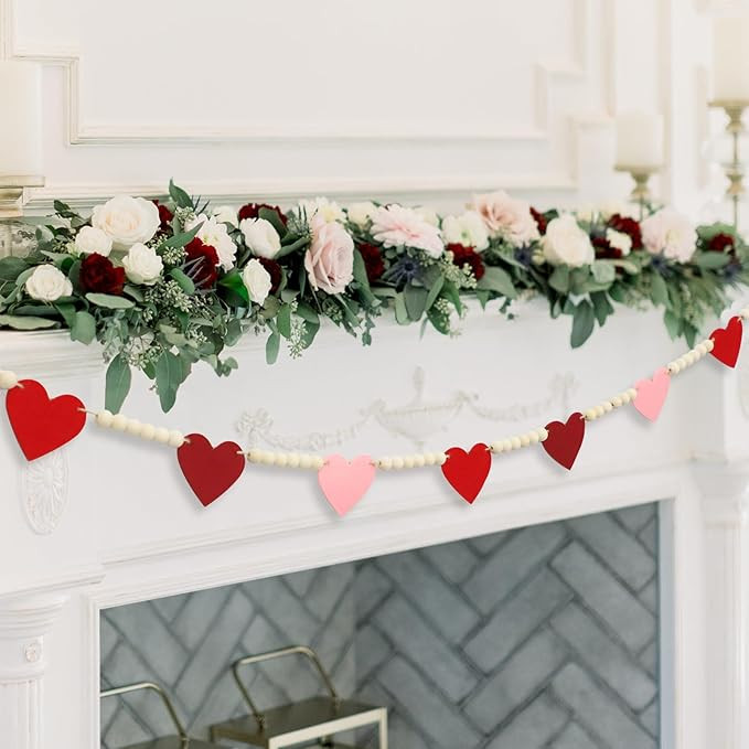 DAZONGE Valentines Day Decorations, Wood Bead Garland with Felt Hearts for Valentine Decor, Red a... | Amazon (US)