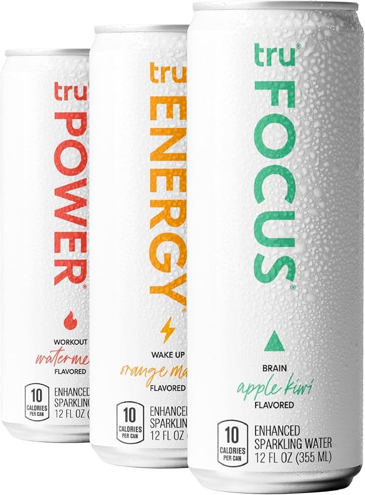 Tru Performance Seltzer, Variety Flavored Sparkling Water Made with Real Fruit Juice - Focus, Pre Workout, and Energy Drinks - Natural Caffeine, Kosher, GF, No Added Sugar Beverages, 12oz (Pack of 12) | Amazon (US)