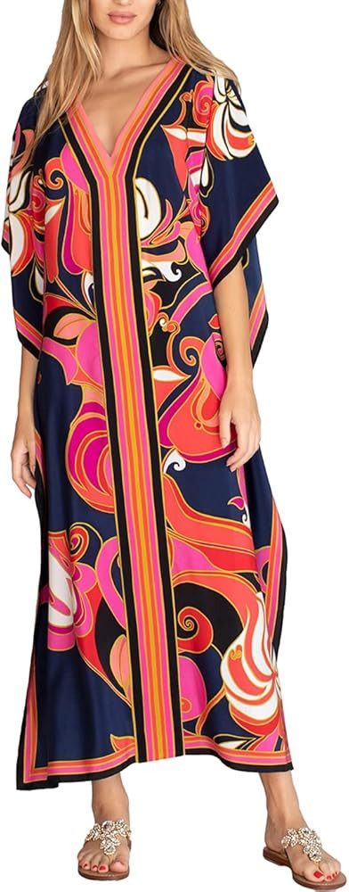 Eddoyee Women Long Print Swimwear Cover Up Sexy V Neck Side Split Beach Caftans Lounge Dresses | Amazon (US)