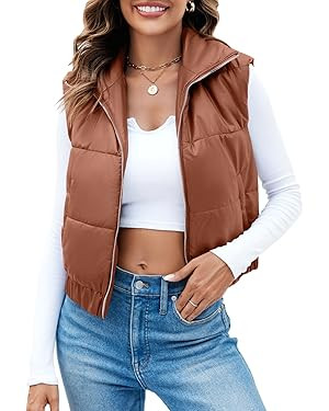 Fisoew Womens Faux Leather Puffer Vest High Stand Collar Zip Up Sleeveless Winter Cropped Jacket ... | Amazon (US)