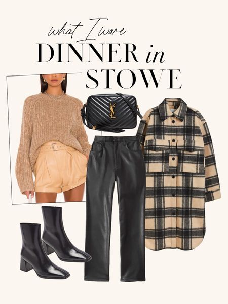 Fall vacation in Stowe, VT. Dinner outfit. Size down in coat, pants and sweater TTS, size up 1/2 size in boots. DANIELLE20 for 20% off jewelry!

Fall outfit, dinner outfit, leather pants outfit, fall boots, neutral outfit, minimal outfit, shacket

#LTKSeasonal #LTKstyletip #LTKtravel