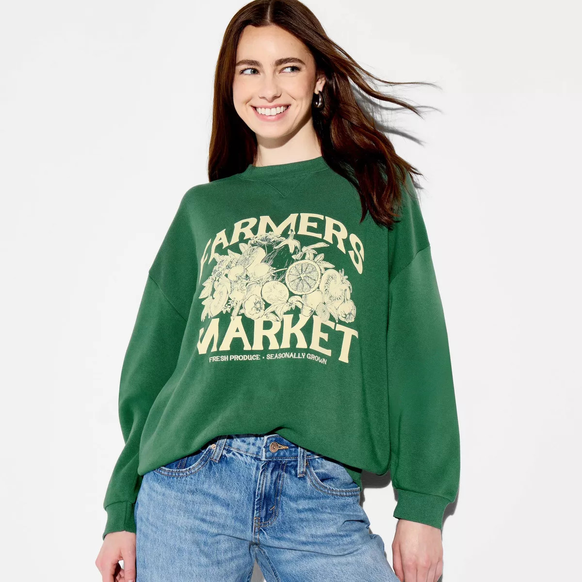 Women's Farmers Market Graphic Pullover Sweatshirt - Fern Green XL | Target