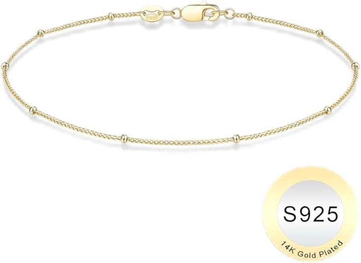 IEFWELL S925 Sterling Silver Bracelet for Women - Solid 14K-Real-Gold-Plated Satellite Bead Chain... | Amazon (US)