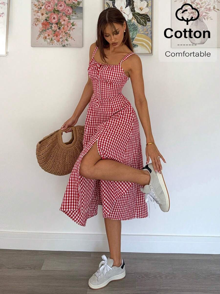 Women Plaid Strap Mid-Calf Dress, Fashionable And Suitable For Summer Summer Dresses For Women Ne... | SHEIN