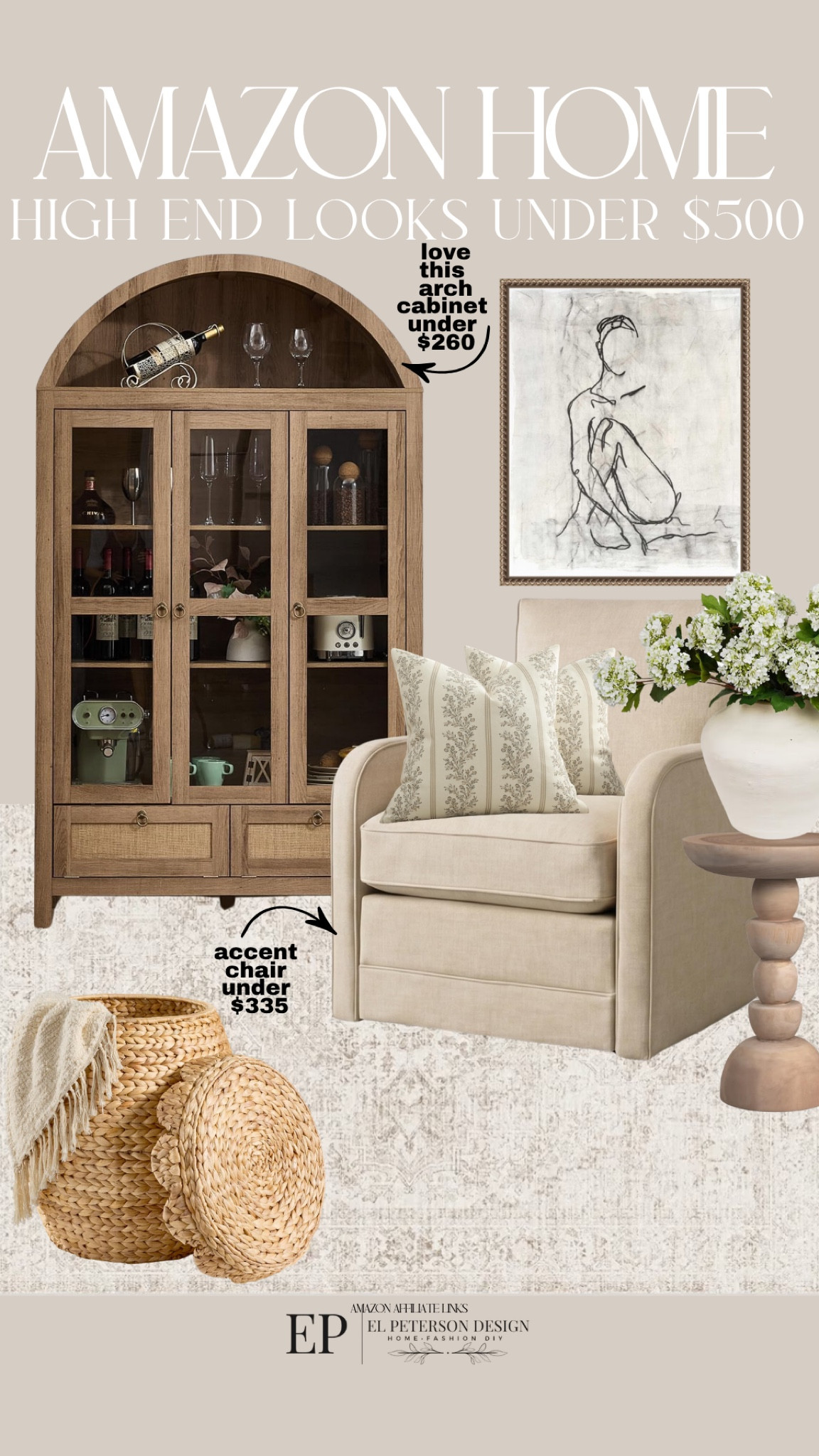 Amazon 
Arch cabinet
Accent chair
Accent table 
Rug
Baskets
Pillows
Stems
Artwork 

#LTKHome