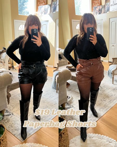 $19 Walmart leather paper bag shorts. The cutest leather paper bag shorts for the fall. I am wearing a size XL. Size up one from your true size, run small. 

#LTKcurves #LTKSeasonal #LTKunder50
