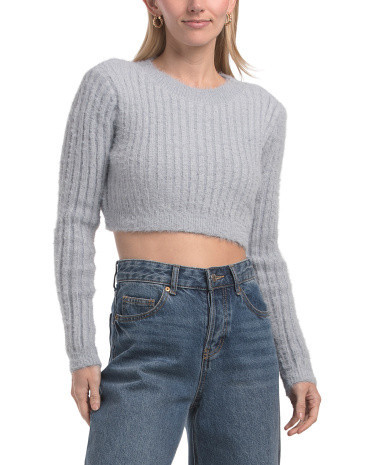 Fuzzy Ribbed Cropped Sweater, Polyester/Viscose | TJ Maxx