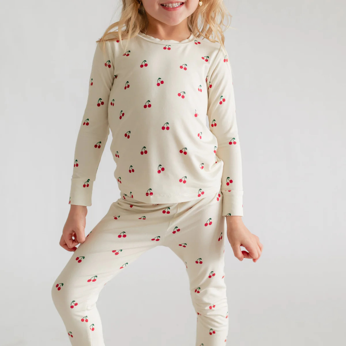 Youth Pajama Set in Cream Cherries | Silks Design