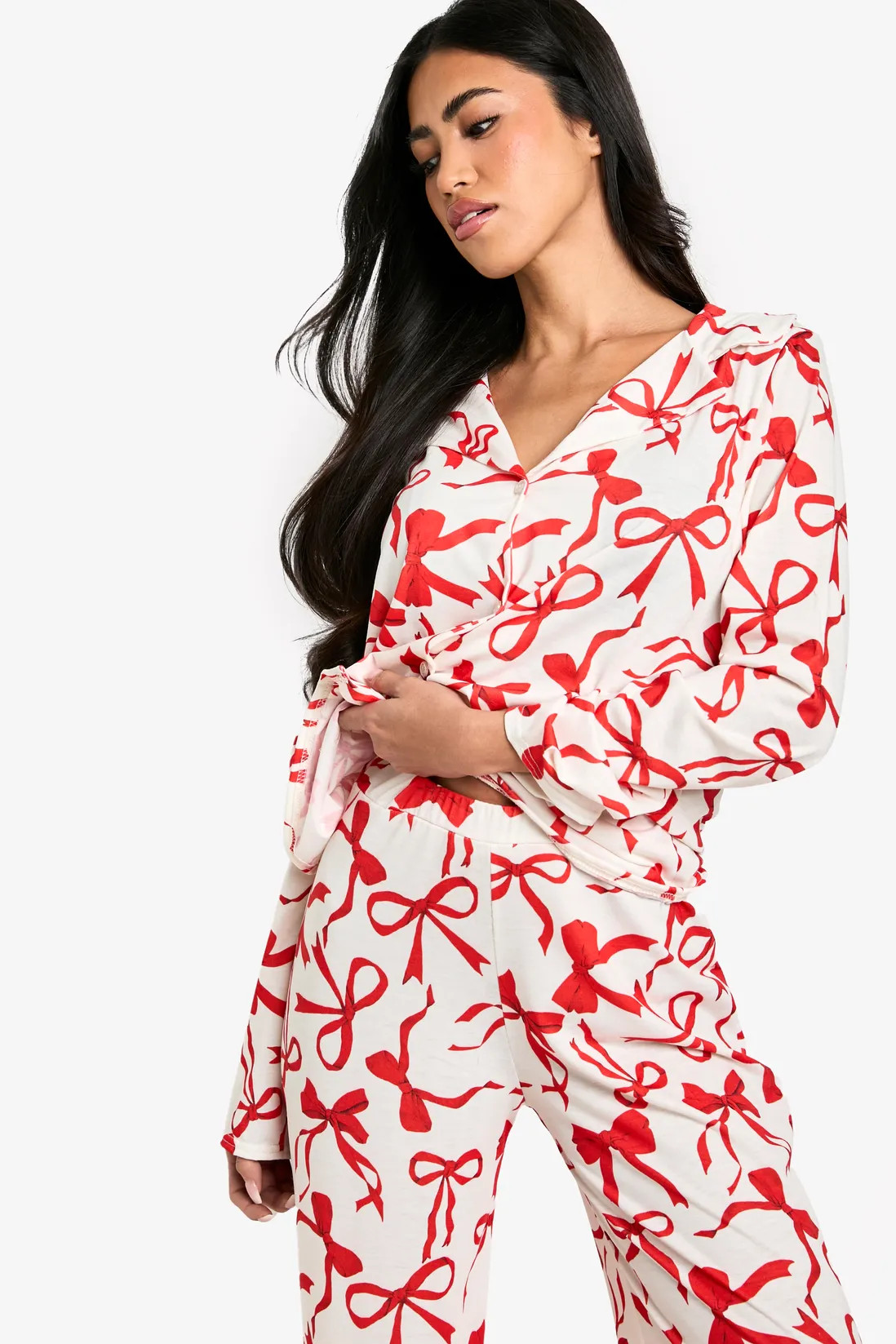 Bow Print Long Sleeve Shirt & Trousers Pyjama Set | Boohoo.com (UK & IE)