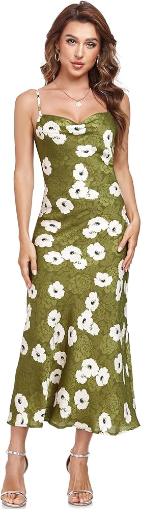 Women's Spaghetti Strap Midi Satin Silk Dresses Slip Cowl Neck Party Cocktail Evening Sexy Dress | Amazon (US)