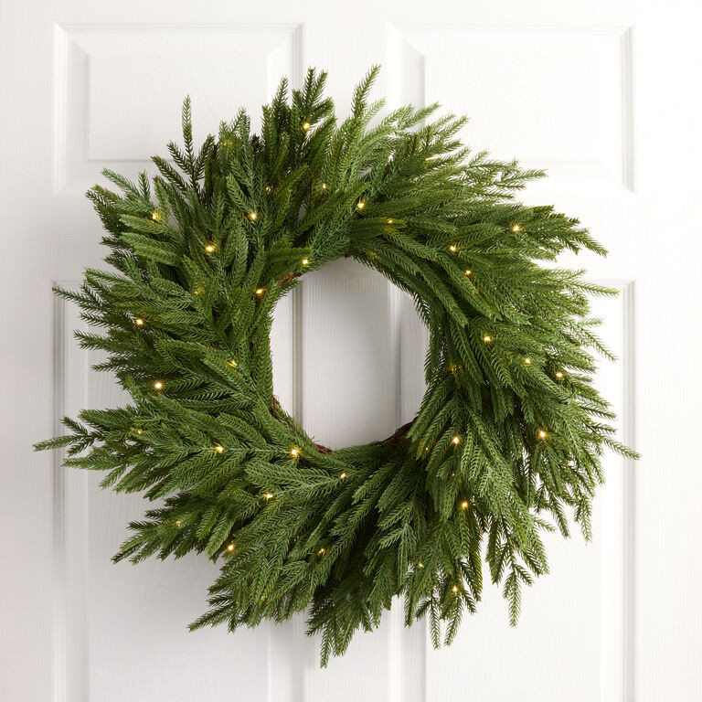 Green Faux Norfolk Pine LED Battery Operated Wreath with Timer | World Market