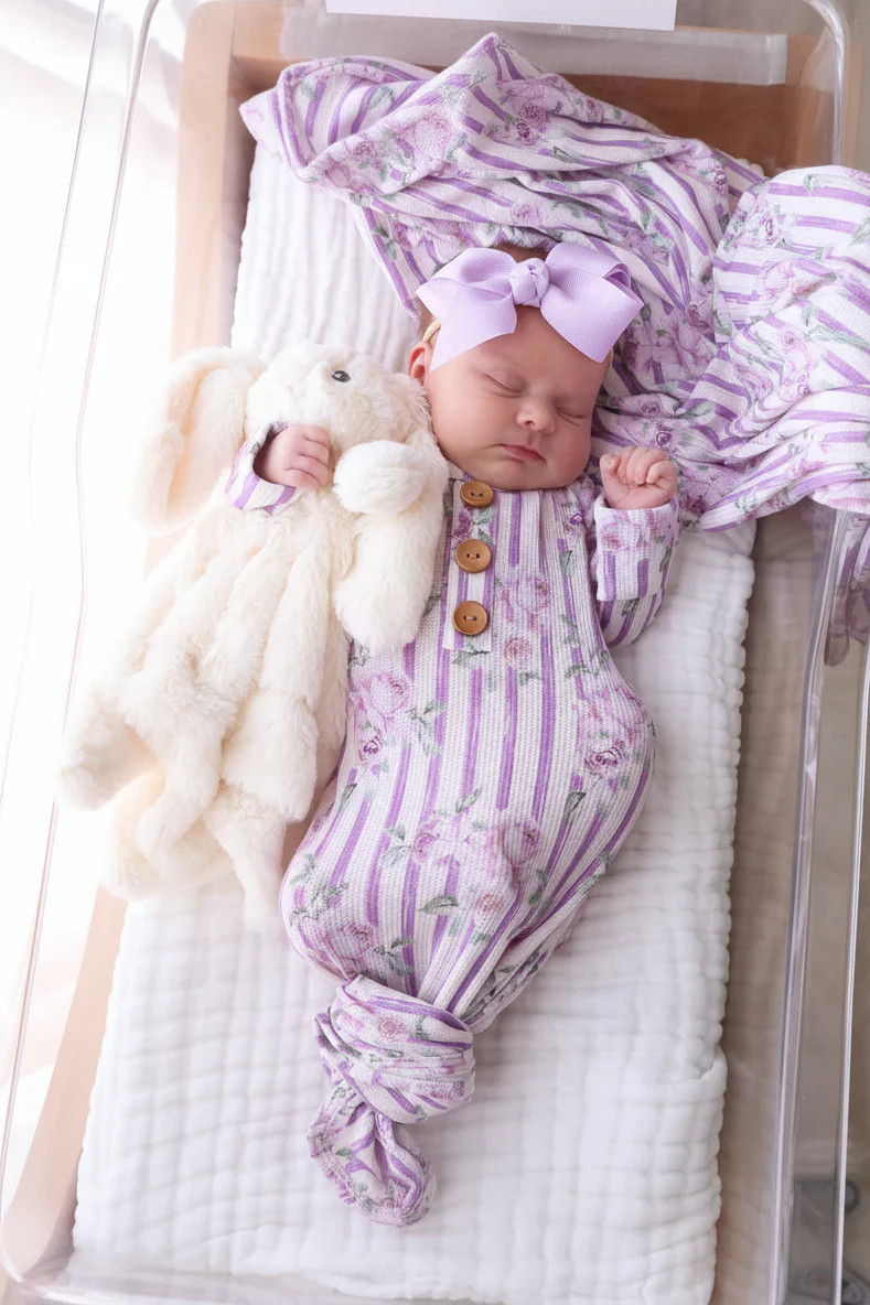 Lila's Lilacs Bamboo Waffle Newborn Baby Knot Gown & Hat Set | Caden Lane