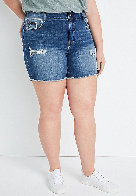 Plus Size High Rise Medium Wash Bandana Backed Ripped 6in Short | Maurices