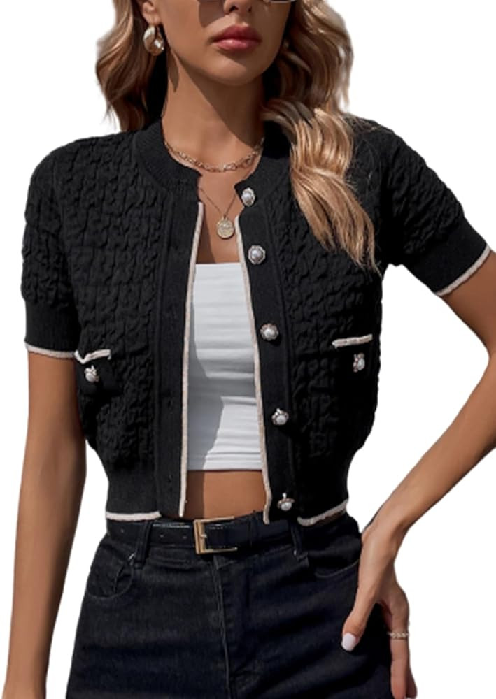 Verdusa Women's Casual Button Down Crewneck Short Sleeve Crop Knit Top Cardigan | Amazon (US)