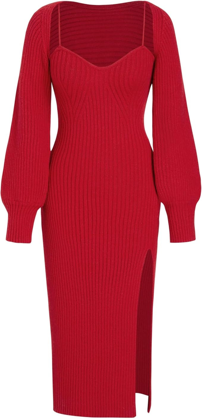 CIDER 2 Piece Sweater Dresses for Women Winter Slit Long Sleeve Womens Midi Dress Pullover Bodyco... | Amazon (US)