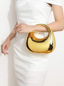 1pc New Avant-Garde Metallic Mirror Acrylic Crescent Moon Box Mini Handbag, Glossy Silver & Gold Lunar Bag, Fashion Versatile With Metal Chain Shoulder/Crossbody Bag, Lipstick, Earphone Case, Evening Clutch, Women's Mini Party Purse | SHEIN