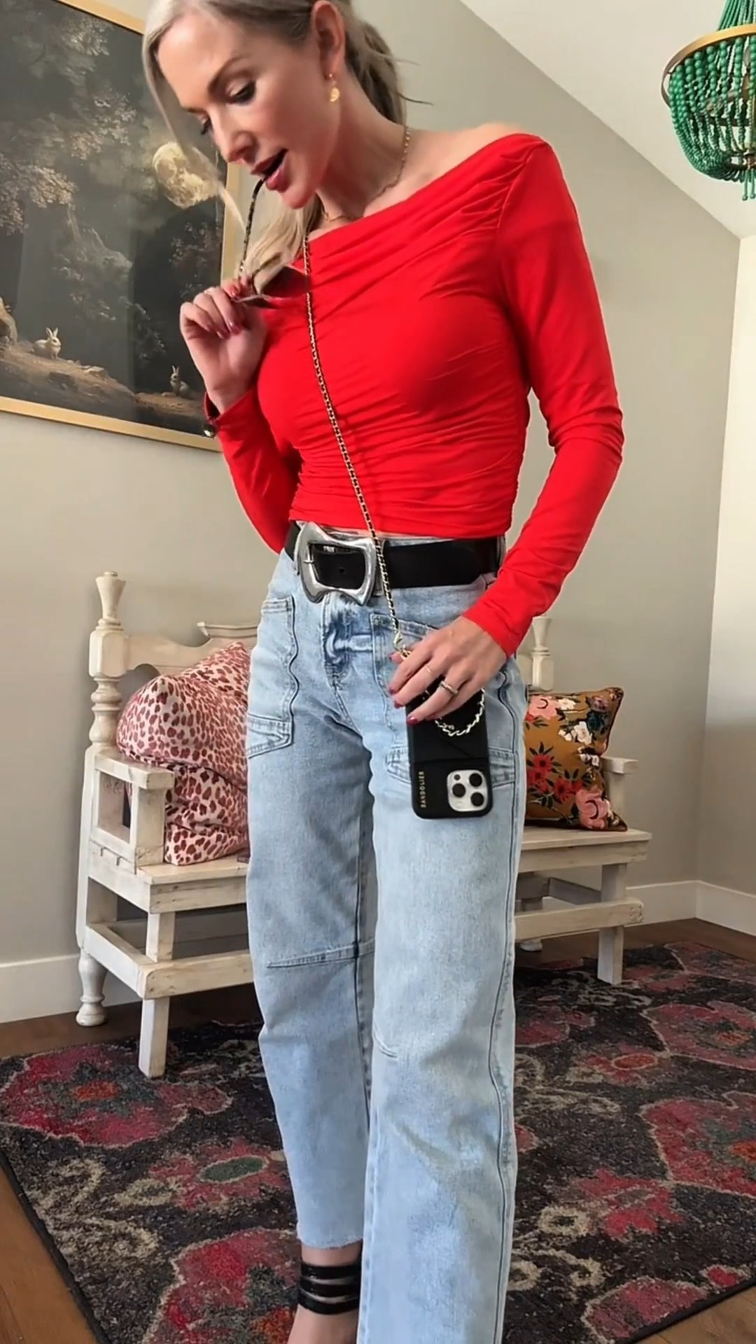 Feeling bold in this sexy ❤️ red boat neck top with side ruching that hugs in all the right places 🔥 I paired it with baby barrel jeans 👖 for that effortless cool-girl vibe, slipped on my go-to Freebirds, and of course, couldn’t step out without my trusty Bandolier phone case 📱✨ Red isn’t just a color—it’s an energy, and today she came to slay 💋 Drop “love red” in the comments if you want the links—I’ve got you covered! 

#OOTD #StyleInspo #RedHotLook #BoatNeckBeauty #SideRuching #BarrelJeans #FreebirdShoes #BandolierStyle #BoldAndChic #FashionConfidence #EffortlessStyle #StatementLook #OutfitGoals #StyleDiaries #EverydayGlam 

#LTKOver40 #LTKBeauty #LTKFindsUnder100