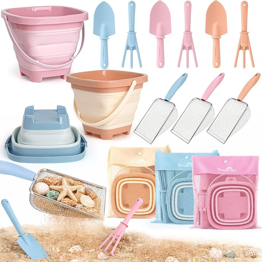 Beach Sand Toys Mesh Shovel Set for Kids, 3 Pack Collapsible Sand Buckets and Filter Sand Scooper... | Amazon (US)