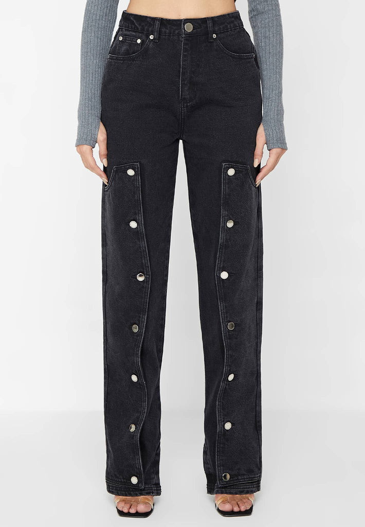 Button Down Overlay Mom Jeans - Black | Maniere De Voir