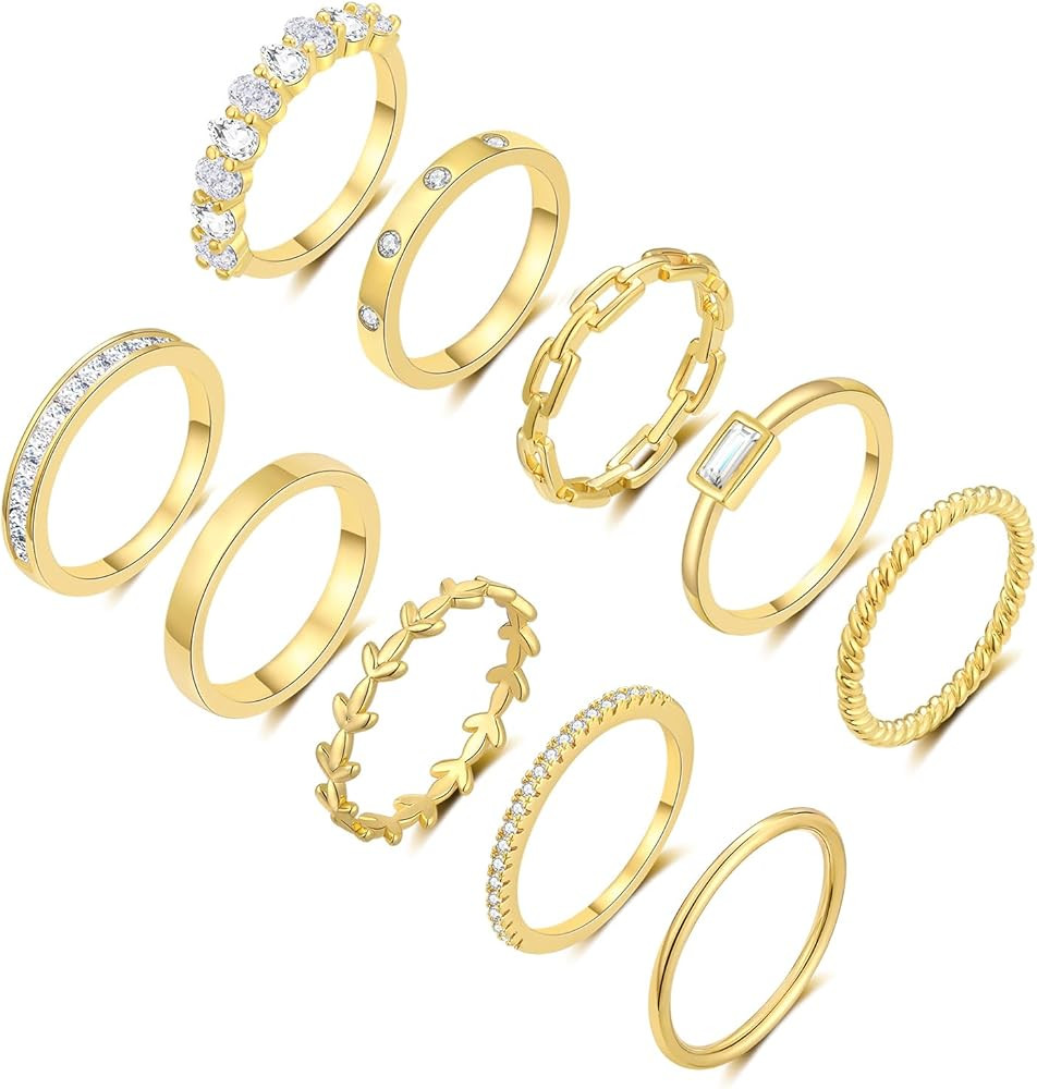 RLMOON 10-12PCS Gold Rings for Women Non Tarnish 14K Gold Plated Stacking Stackable Ring Set Dain... | Amazon (US)