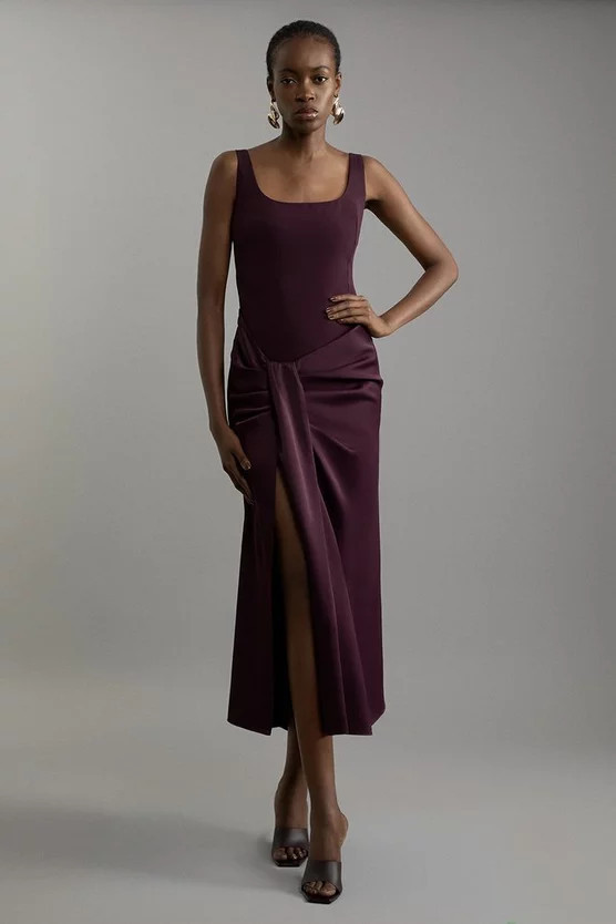 Tailored Satin Waist Drape Corset Maxi Dress | Karen Millen UK + IE + DE + NL